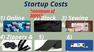 Startup Costs
1) Online
Websites
2) Black
Fabric
3) Sewing
Machine
4) Zippers &
Buttons
5)
Elastic
6)
Shipmen
*minimum of
3000$*
 