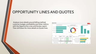 OPPORTUNITY LINES AND QUOTES
Analyze more details around billing method,
customer budget, profitability and other metrics
with the Opportunity Lines and Quotes report.
Then drill down for more details on Quote lines.
 