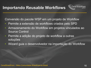 Importando Reusable WorkflowsConversão do pacote WSP em um projeto de WorkflowPermite a extensão de workflows criadospelo SPDArmazenamento do Workflow emprojetosvinculadosao Source ControlPermite a adição do projeto de workflow a outrassoluçõesWizard guia o desenvolvedornaimportação do Workflow