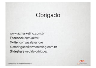 Obrigado


  www.azmarketing.com.br
  Facebook.com/azmkt
  Twitter.com/azalexandre
  alerodriguez@azmarketing.com.br
  Slideshare.net/alerodriguez


Copyright © Prof. Me. Alexandre Rodriguez 2012
 