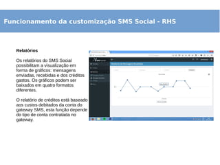 Funcionamento da customização SMS Social - RHS
Relatórios
Os relatórios do SMS Social
possibilitam a visualização em
forma de gráficos: mensagens
enviadas, recebidas e dos créditos
gastos. Os gráficos podem ser
baixados em quatro formatos
diferentes.
O relatório de créditos está baseado
aos custos debitados da conta do
gateway SMS, esta função depende
do tipo de conta contratada no
gateway.
 