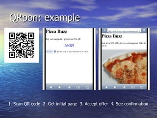 QRpon: example 1. Scan QR code  2. Get initial page  3. Accept offer  4. See confirmation 
