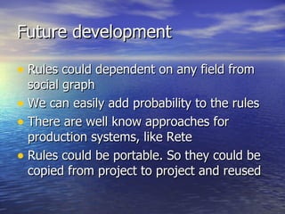 Future development Rules could dependent on any field from social graph We can easily add probability to the rules There are well know approaches for production systems, like Rete Rules could be portable. So they could be copied from project to project and reused 