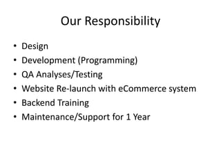 Our Responsibility
• Design
• Development (Programming)
• QA Analyses/Testing
• Website Re-launch with eCommerce system
• Backend Training
• Maintenance/Support for 1 Year