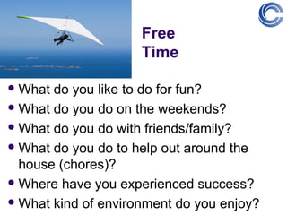 Free
                     Time

 What do you like to do for fun?
 What do you do on the weekends?

 What do you do with friends/family?

 What do you do to help out around the
  house (chores)?
 Where have you experienced success?

 What kind of environment do you enjoy?
 