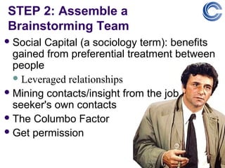 STEP 2: Assemble a
Brainstorming Team
 Social Capital (a sociology term): benefits
  gained from preferential treatment between
  people
   Leveraged relationships
 Mining contacts/insight from the job
  seeker's own contacts
 The Columbo Factor
 Get permission
 