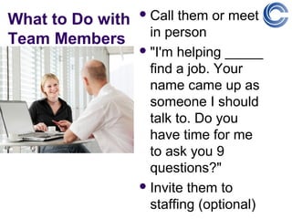  Call  them or meet
What to Do with
                    in person
Team Members
                   "I'm helping _____
                    find a job. Your
                    name came up as
                    someone I should
                    talk to. Do you
                    have time for me
                    to ask you 9
                    questions?"
                   Invite them to
                    staffing (optional)
 