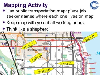 Mapping Activity
 Use public transportation map: place job
  seeker names where each one lives on map
 Keep map with you at all working hours

 Think like a shepherd

                                               D.
                                          John
               N.
         M ark

                     e G.
               Luk
                                Anna C.

                     M att W.
 