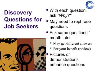  With each question,
Discovery         ask "Why?"
Questions for    May need to rephrase

Job Seekers       questions
                 Ask same questions 1
                  month later
                  May get different answers
                  For your benefit (review)

                 Pictures
                        or
                 demonstrations
                 enhance questions
 