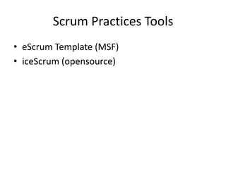 Scrum Practices Tools
• eScrum Template (MSF)
• iceScrum (opensource)
 