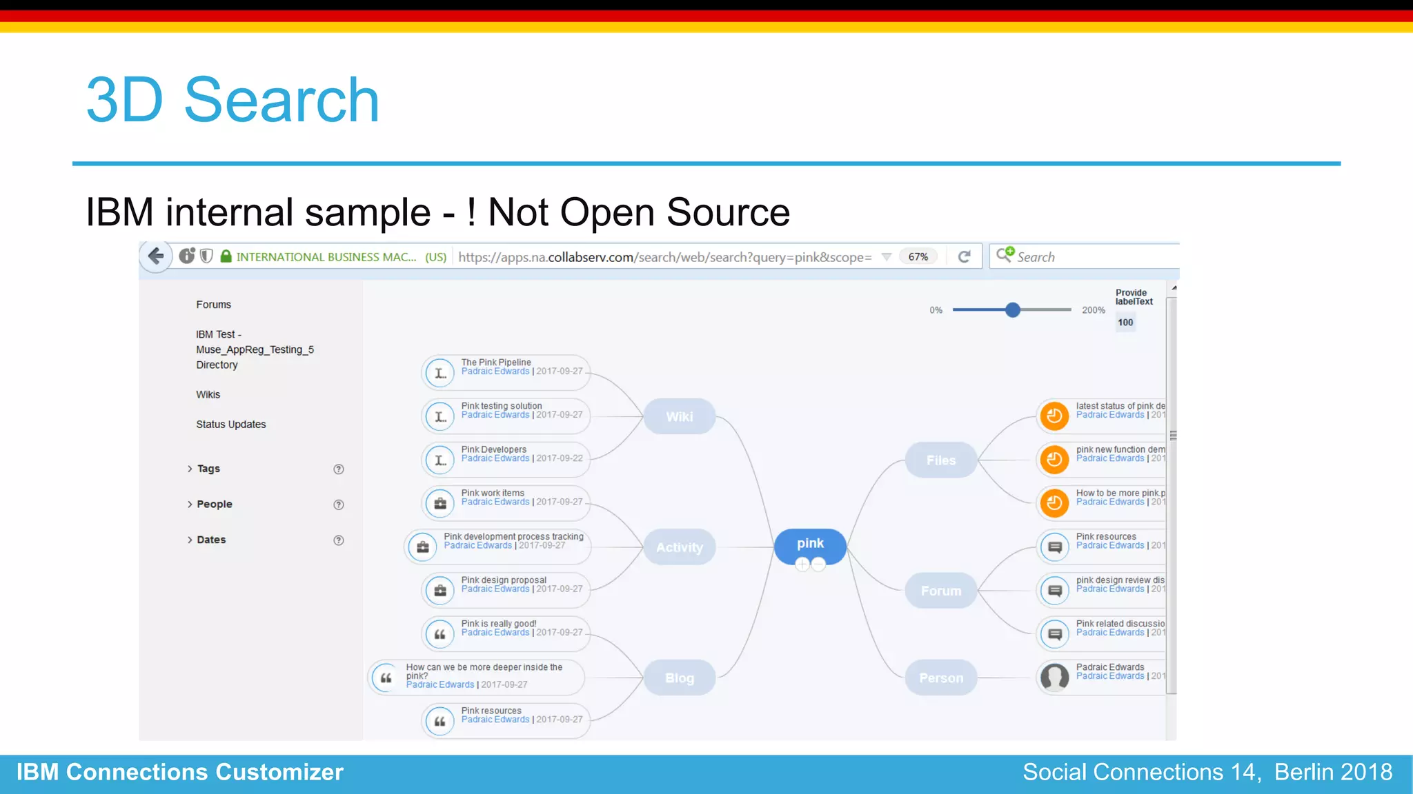 IBM Connections Customizer Social Connections 14, Berlin 2018
3D Search
IBM internal sample - ! Not Open Source
 