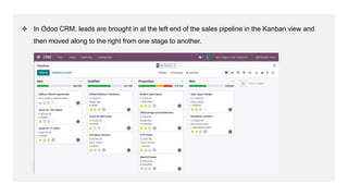 ❖ In Odoo CRM, leads are brought in at the left end of the sales pipeline in the Kanban view and
then moved along to the r...