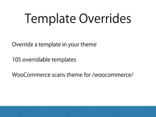 Template Overrides
Override a template in your theme
105 overridable templates
WooCommerce scans theme for /woocommerce/
 