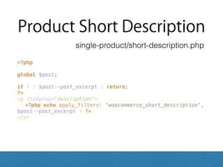 Product Short Description
<?php 
 
global $post; 
 
if ( ! $post->post_excerpt ) return; 
?> 
<p itemprop="description"> 
<?php echo apply_filters( 'woocommerce_short_description',
$post->post_excerpt ) ?> 
</p>
single-product/short-description.php
 