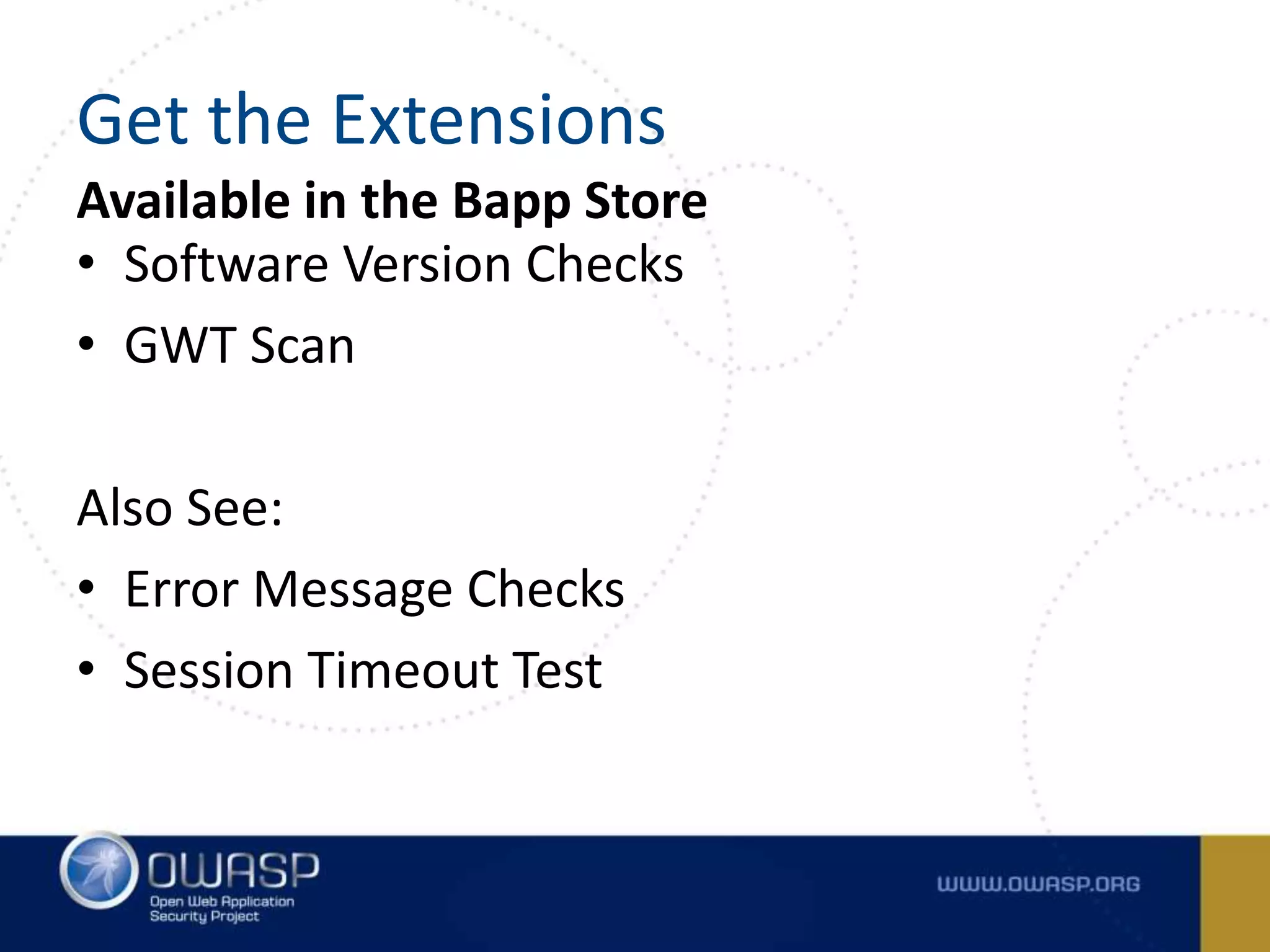 Get the Extensions
• Software Version Checks
• GWT Scan
Also See:
• Error Message Checks
• Session Timeout Test
Available in the Bapp Store
 
