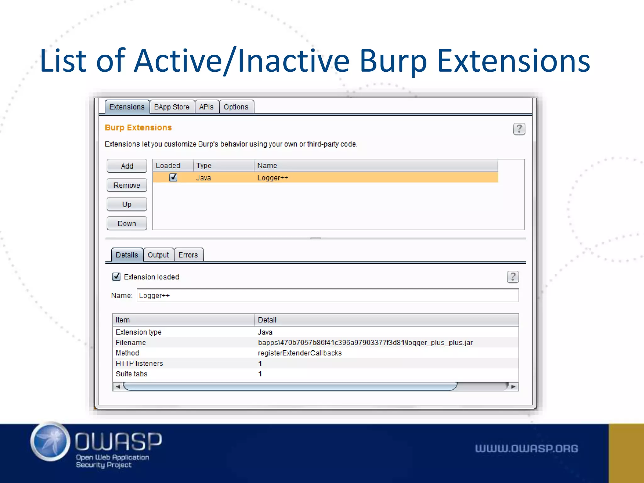 List of Active/Inactive Burp Extensions
 