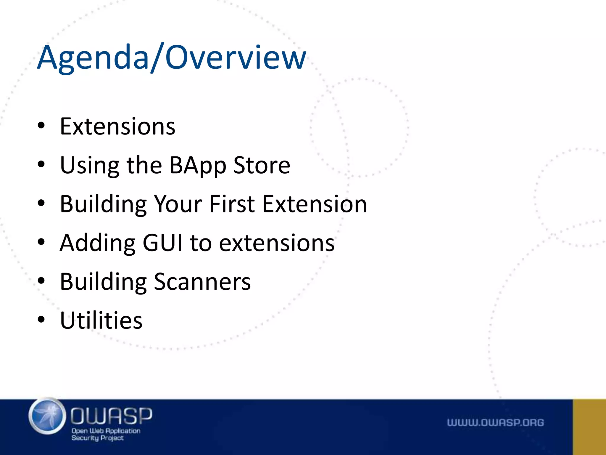 Agenda/Overview
• Extensions
• Using the BApp Store
• Building Your First Extension
• Adding GUI to extensions
• Building Scanners
• Utilities
 