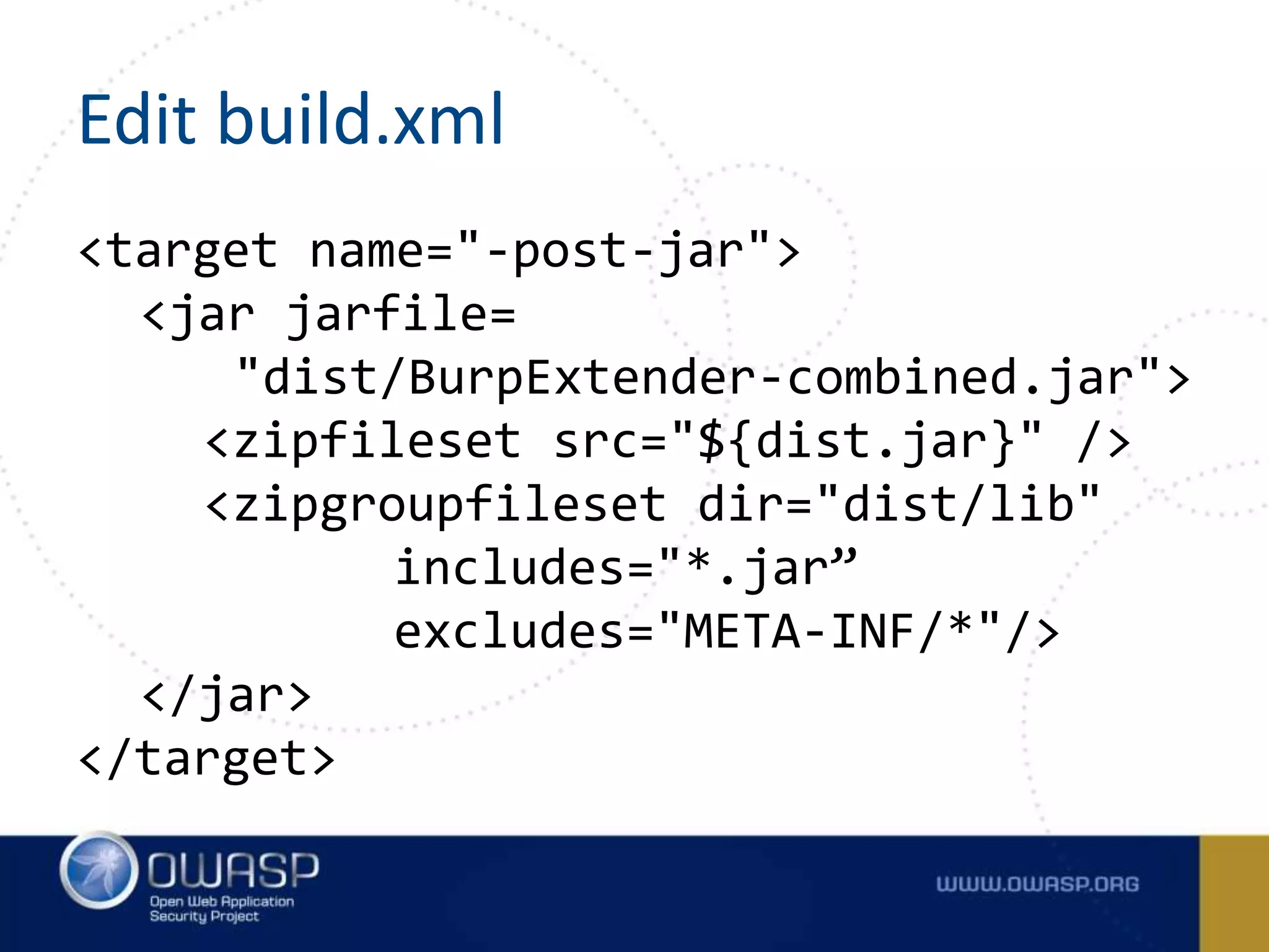 Edit build.xml
<target name="-post-jar">
<jar jarfile=
"dist/BurpExtender-combined.jar">
<zipfileset src="${dist.jar}" />
<zipgroupfileset dir="dist/lib"
includes="*.jar”
excludes="META-INF/*"/>
</jar>
</target>
 
