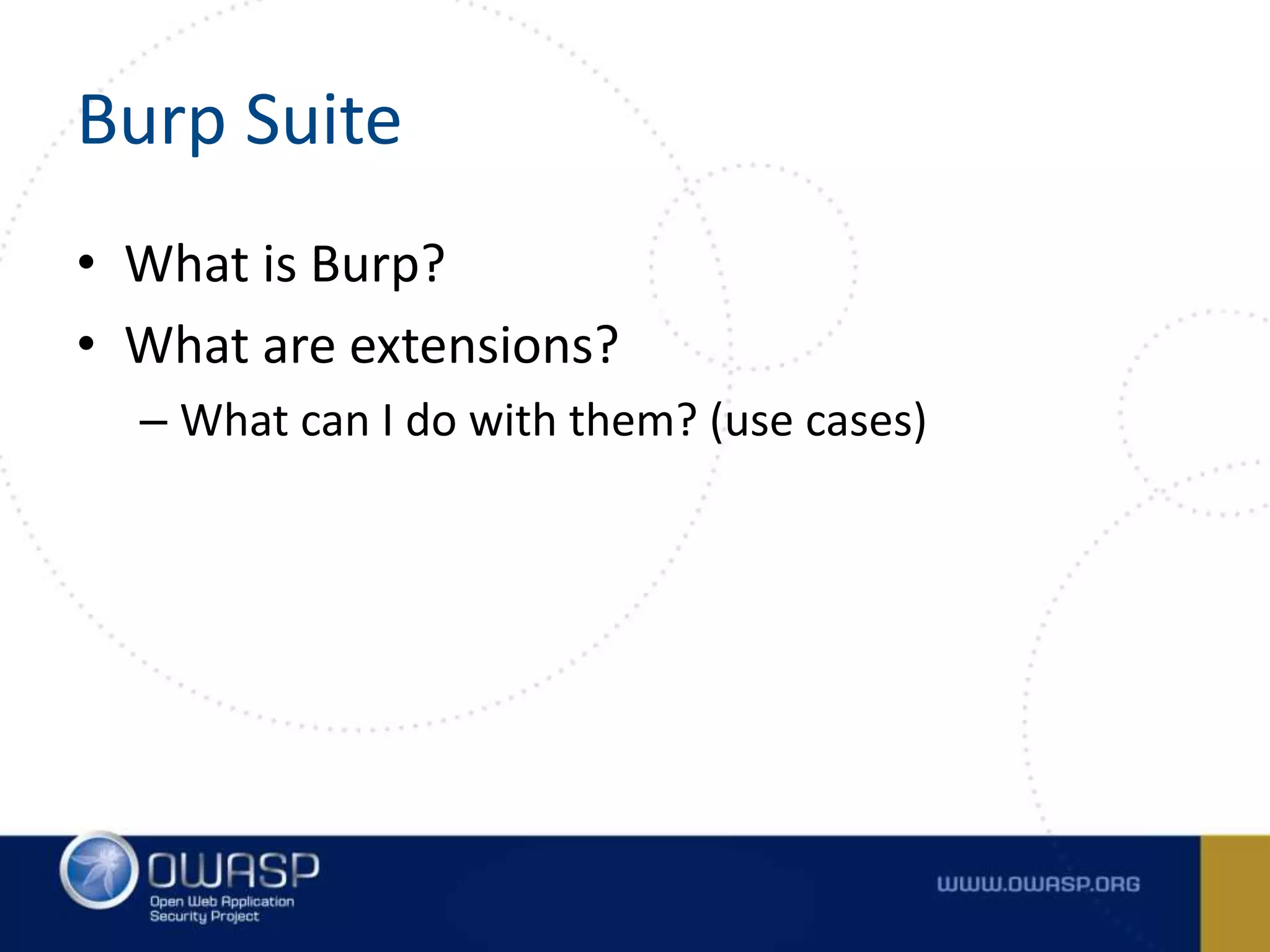 Burp Suite
• What is Burp?
• What are extensions?
– What can I do with them? (use cases)
 