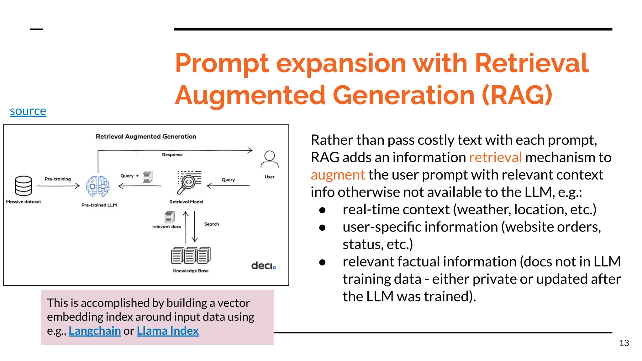 Prompt expansion with Retrieval
Augmented Generation (RAG)
Rather than pass costly text with each prompt,
RAG adds an information retrieval mechanism to
augment the user prompt with relevant context
info otherwise not available to the LLM, e.g.:
● real-time context (weather, location, etc.)
● user-speciﬁc information (website orders,
status, etc.)
● relevant factual information (docs not in LLM
training data - either private or updated after
the LLM was trained).
13
This is accomplished by building a vector
embedding index around input data using
e.g., Langchain or Llama Index
source
 