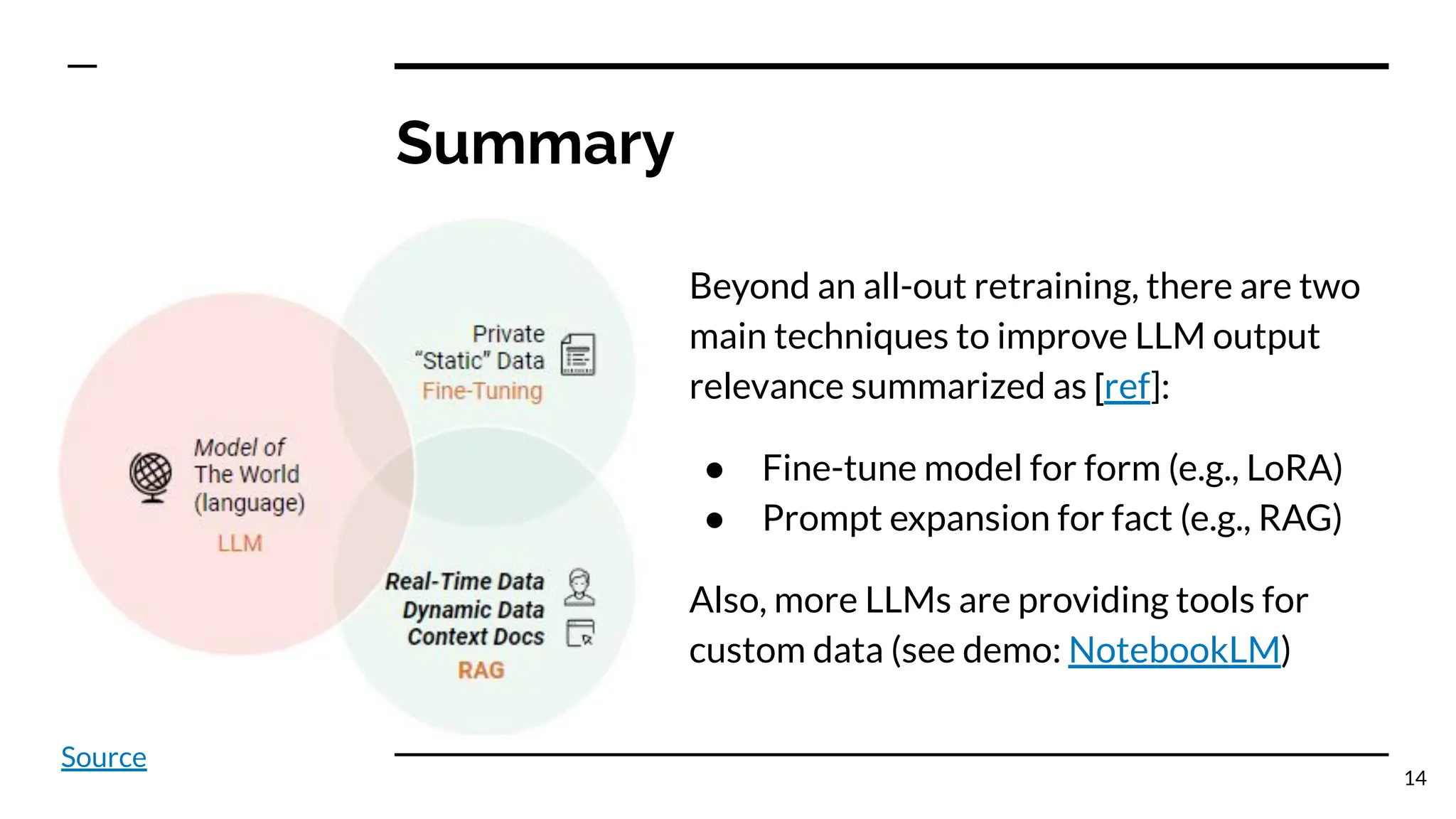 Summary
Beyond an all-out retraining, there are two
main techniques to improve LLM output
relevance summarized as [ref]:
● Fine-tune model for form (e.g., LoRA)
● Prompt expansion for fact (e.g., RAG)
Also, more LLMs are providing tools for
custom data (see demo: NotebookLM)
14
Source
 