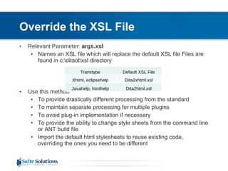 Override the XSL File Relevant Parameter:  args.xsl Names an XSL file which will replace the default XSL file Files are found in c:\ditaot\xsl directory Use this method: To provide drastically different processing from the standard To maintain separate processing for multiple plugins To avoid plug-in implementation if necessary To provide the ability to change style sheets from the command line or ANT build file Import the default html stylesheets to reuse existing code, overriding the ones you need to be different Transtype Default XSL File Xhtml, eclipsehelp Dita2xhtml.xsl Javahelp, htmlhelp Dita2html.xsl 