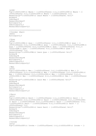 [a1db]
Tip=(|cffffcc00F|r) Weave - [|cffffcc00Level 1|r],(|cffffcc00F|r) Weave - [|
cffffcc00Level 2|r],(|cffffcc00F|r) Weave - [|cffffcc00Level 3|r]
Researchtip="(|cffffcc00F|r) Learn Weave - [|cffffcc00Level %d|r]"
Hotkey=F
UnHotkey=F
Researchhotkey=F
Buttonpos=3,2
Unbuttonpos=3,2
Researchbuttonpos=3,0
/////////////////////////////////
//Invoker (Kael)
[H00U]
Buttonpos=2,0
//Quas
[a21w]
Tip=(|cffffcc00W|r) Quas - [|cffffcc00Level 1|r],(|cffffcc00W|r) Quas - [|
cffffcc00Level 2|r],(|cffffcc00W|r) Quas - [|cffffcc00Level 3|r],(|cffffcc00W|r)
Quas - [|cffffcc00Level 4|r],(|cffffcc00W|r) Quas - [|cffffcc00Level 5|r],(|
cffffcc00W|r) Quas - [|cffffcc00Level 6|r],(|cffffcc00W|r) Quas - [|
cffffcc00Level 7|r]
Researchtip="(|cffffcc00W|r) Learn Quas - [|cffffcc00Level %d|r]"
Hotkey=W
UnHotkey=W
Researchhotkey=W
Buttonpos=0,2
Unbuttonpos=0,2
Researchbuttonpos=0,0
//Wex
[a21x]
Tip=(|cffffcc00E|r) Wex - [|cffffcc00Level 1|r],(|cffffcc00E|r) Wex - [|
cffffcc00Level 2|r],(|cffffcc00E|r) Wex - [|cffffcc00Level 3|r],(|cffffcc00E|r)
Wex - [|cffffcc00Level 4|r],(|cffffcc00E|r) Wex - [|cffffcc00Level 5|r],(|
cffffcc00E|r) Wex - [|cffffcc00Level 6|r],(|cffffcc00E|r) Wex - [|cffffcc00Level
7|r]
Researchtip="(|cffffcc00E|r) Learn Wex - [|cffffcc00Level %d|r]"
Hotkey=E
UnHotkey=E
Researchhotkey=E
Buttonpos=1,2
Unbuttonpos=1,2
Researchbuttonpos=1,0
//Exort
[a21v]
Tip=(|cffffcc00D|r) Exort - [|cffffcc00Level 1|r],(|cffffcc00D|r) Exort - [|
cffffcc00Level 2|r],(|cffffcc00D|r) Exort - [|cffffcc00Level 3|r],(|cffffcc00D|
r) Exort - [|cffffcc00Level 4|r],(|cffffcc00D|r) Exort - [|cffffcc00Level 5|r],
(|cffffcc00D|r) Exort - [|cffffcc00Level 6|r],(|cffffcc00D|r) Exort - [|
cffffcc00Level 7|r]
Researchtip="(|cffffcc00D|r) Learn Exort - [|cffffcc00Level %d|r]"
Hotkey=D
UnHotkey=D
Researchhotkey=D
Buttonpos=2,2
Unbuttonpos=2,2
Researchbuttonpos=2,0
//Invoke
[a21y]
Tip=(|cffffcc00F|r) Invoke - [|cffffcc00Level 1|r],(|cffffcc00F|r) Invoke - [|
 