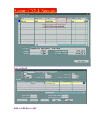 Scenario TOLL Receipts:
Enter Lot/Serial
Lot Inserted in Custom table
 