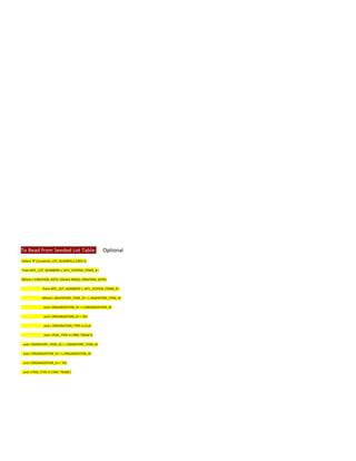 To Read from Seeded Lot Table: Optional
=Select 'R'||(substr(L.LOT_NUMBER,2,100)+1)
from MTL_LOT_NUMBERS L, MTL_SYSTEM_ITEMS_B i
Where L.CREATION_DATE =(Select MAX(L.CREATION_DATE)
from MTL_LOT_NUMBERS L, MTL_SYSTEM_ITEMS_B i
Where I.INVENTORY_ITEM_ID = L.INVENTORY_ITEM_ID
and I.ORGANIZATION_ID = L.ORGANIZATION_ID
and I.ORGANIZATION_ID = 765
and L.ORIGINATION_TYPE in (3,4)
and I.ITEM_TYPE in ('RM','TRAW'))
and I.INVENTORY_ITEM_ID = L.INVENTORY_ITEM_ID
and I.ORGANIZATION_ID = L.ORGANIZATION_ID
and I.ORGANIZATION_ID = 765
and I.ITEM_TYPE in ('RM','TRAW')
 