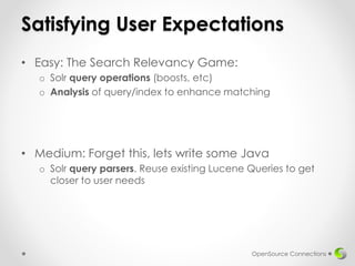 Satisfying User Expectations
• Easy: The Search Relevancy Game:
o Solr query operations (boosts, etc)
o Analysis of query/index to enhance matching
• Medium: Forget this, lets write some Java
o Solr query parsers. Reuse existing Lucene Queries to get
closer to user needs
OpenSource Connections
 