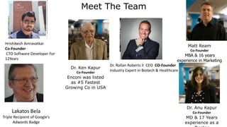 Meet The Team
Dr. Ken Kapur
Co-Founder
Enconi was listed
as #5 Fastest
Growing Co in USA
Dr. Anu Kapur
Co-Founder
MD & 17 Years
experience as a
Matt Ream
Co-Founder
MBA & 16 years
experience in Marketing
Lakatos Bela
Triple Recipient of Google’s
Adwords Badge
Hrishikesh Amravatkar
Co-Founder
CTO Software Developer For
12Years
Dr. Rollan Roberts II CEO CO-Founder
Industry Expert in Biotech & Healthcare
 