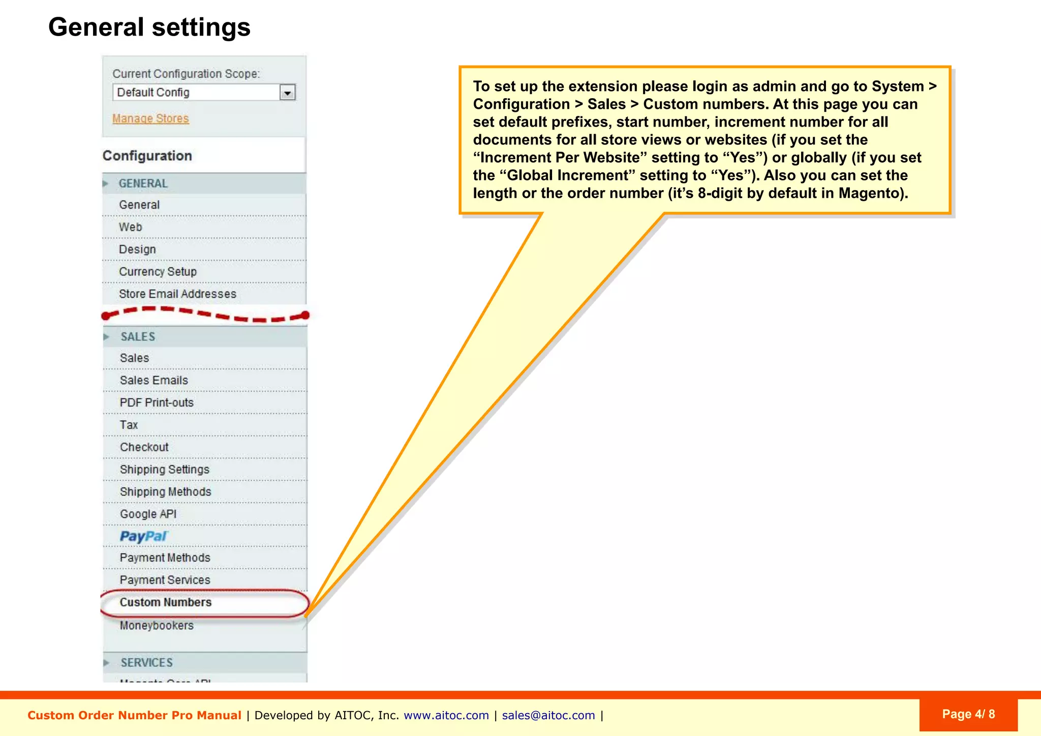 Aitoc2. Custom order number components
The extension can use this algorithm to
create custom numbers not only for
Orders, but also for Invoices, Shipments
and Credit Memos in Magento.
ORD - Custom Prefix
150610 - Date in Format YYMMDD
1110 - Custom Order Number to which
prefix, suffix & date are added.
DE - Custom Suffix (random)
 