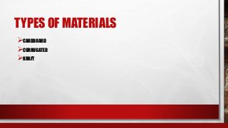 TYPES OF MATERIALS
CARDBOARD
CORRUGATED
KRAFT
 
