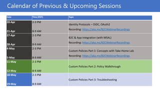Date Time (PDT) Topic
20-Apr
21-Apr
2-3 PM
8-9 AM
Identity Protocols – OIDC, OAuth2
Recording: https://aka.ms/B2CWebinarRe...