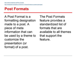 Post Formats ≠ CPT
If your aim is to just
display blog content
but display each ‘type’
of blog post differently,
you might...