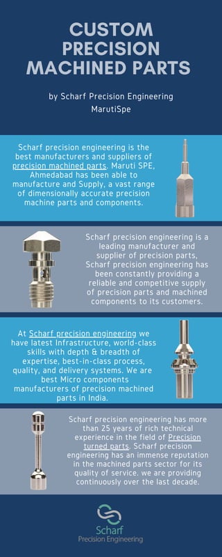 CUSTOM
PRECISION
MACHINED PARTS
by Scharf Precision Engineering
MarutiSpe
Scharf precision engineering is the
best manufacturers and suppliers of
precision machined parts. Maruti SPE,
Ahmedabad has been able to
manufacture and Supply, a vast range
of dimensionally accurate precision
machine parts and components.
Scharf precision engineering is a
leading manufacturer and
supplier of precision parts,
Scharf precision engineering has
been constantly providing a
reliable and competitive supply
of precision parts and machined
components to its customers.
At Scharf precision engineering we
have latest Infrastructure, world-class
skills with depth & breadth of
expertise, best-in-class process,
quality, and delivery systems. We are
best Micro components
manufacturers of precision machined
parts in India.
Scharf precision engineering has more
than 25 years of rich technical
experience in the field of Precision
turned parts. Scharf precision
engineering has an immense reputation
in the machined parts sector for its
quality of service. we are providing
continuously over the last decade.
 