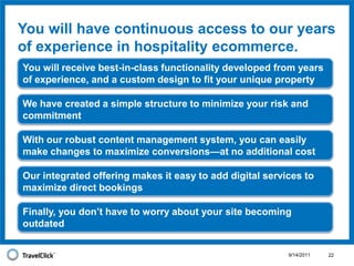 Travelers are rapidly embracing new and emerging ecommerce channels and expanding their use of established ones. 9/14/20119Social media is a leading driver of traffic for 78% of travel sites.1The term “hotel” is Googled on average 338MM times per month.542% of travelers research or book accommodations on a mobile device.2In addition to the 338MM “hotel” searches, the typical property receives between 2,500-25,000 branded searches per month.3On average, consumers visit more than 50 travel-related websites                          before making a purchase.41 L2 Digital IQ Index for Travel 			2 TripAdvisor mobile device travel survey	 4 Hotel News Resource 	3 TravelClick analysis 			 5 Google AdWords Keyword Tools