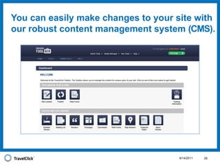 Your website is also the best channel to represent your brand, because it's the only channel you control 100%.9/14/201113Your WebsiteYour AdvertisingTrip AdvisorYour Facebookfan-pageOTAsLeast Property ControlMost Property Control
