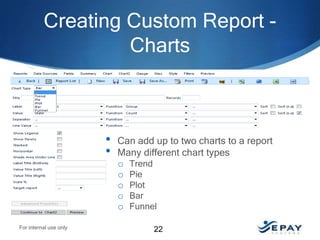 Creating Custom Report Charts

•
•

For internal use only

Can add up to two charts to a report
Many different chart types
o Trend
o Pie
o Plot
o Bar
o Funnel
22

 