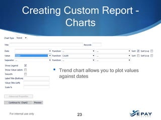 Creating Custom Report Charts

•

For internal use only

Trend chart allows you to plot values
against dates

23

 