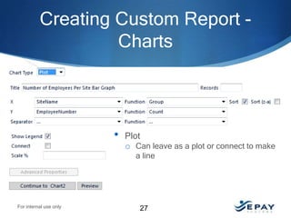 Creating Custom Report Charts

•

Plot
o Can leave as a plot or connect to make
a line

For internal use only

27

 