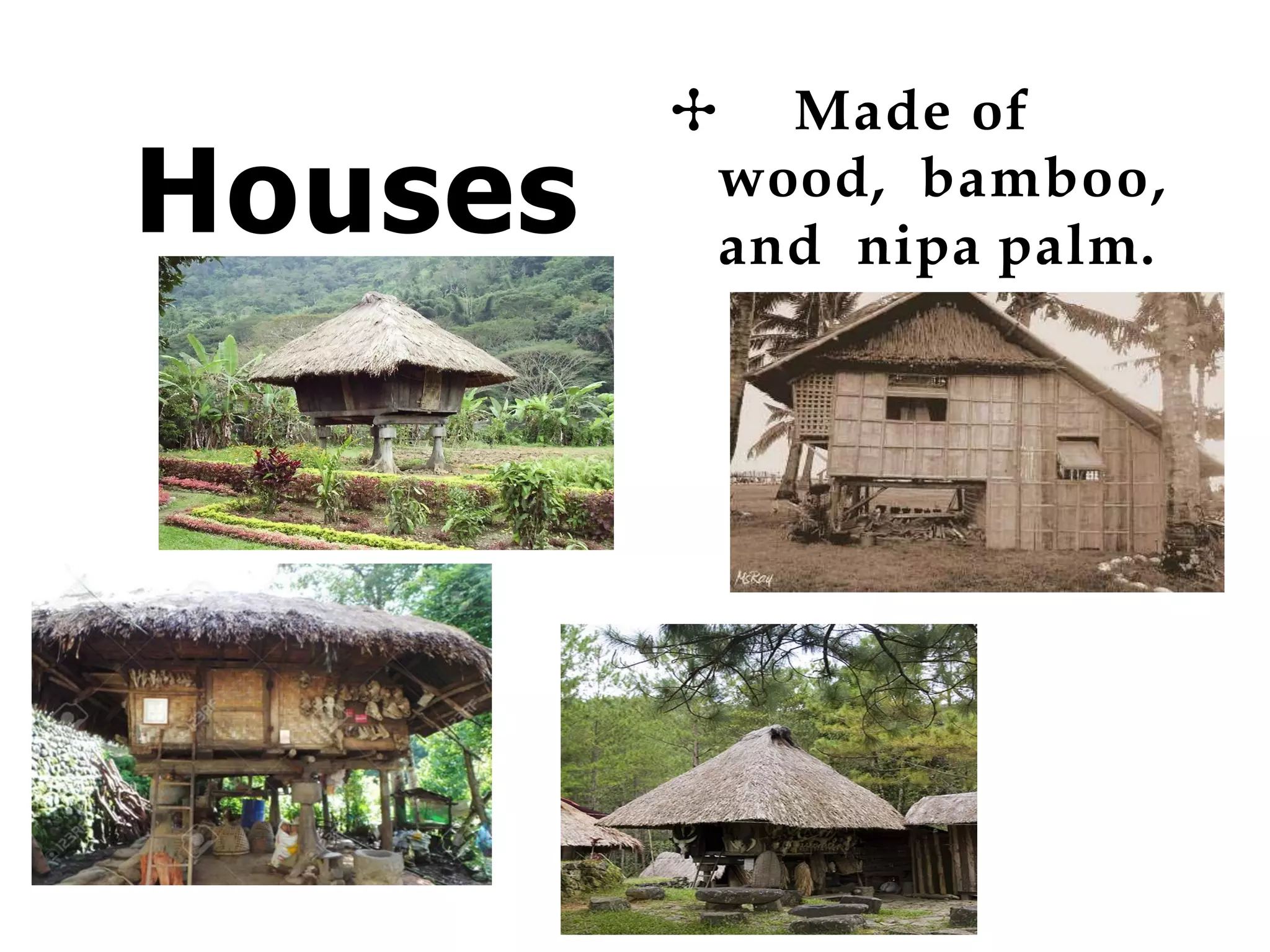 Houses
24
✣ Made of
wood, bamboo,
and nipa palm.
 