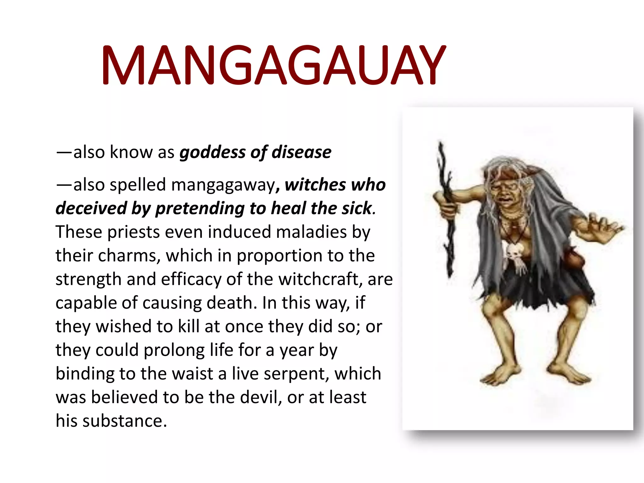 MANGAGAUAY
—also know as goddess of disease
—also spelled mangagaway, witches who
deceived by pretending to heal the sick.
These priests even induced maladies by
their charms, which in proportion to the
strength and efficacy of the witchcraft, are
capable of causing death. In this way, if
they wished to kill at once they did so; or
they could prolong life for a year by
binding to the waist a live serpent, which
was believed to be the devil, or at least
his substance.
 
