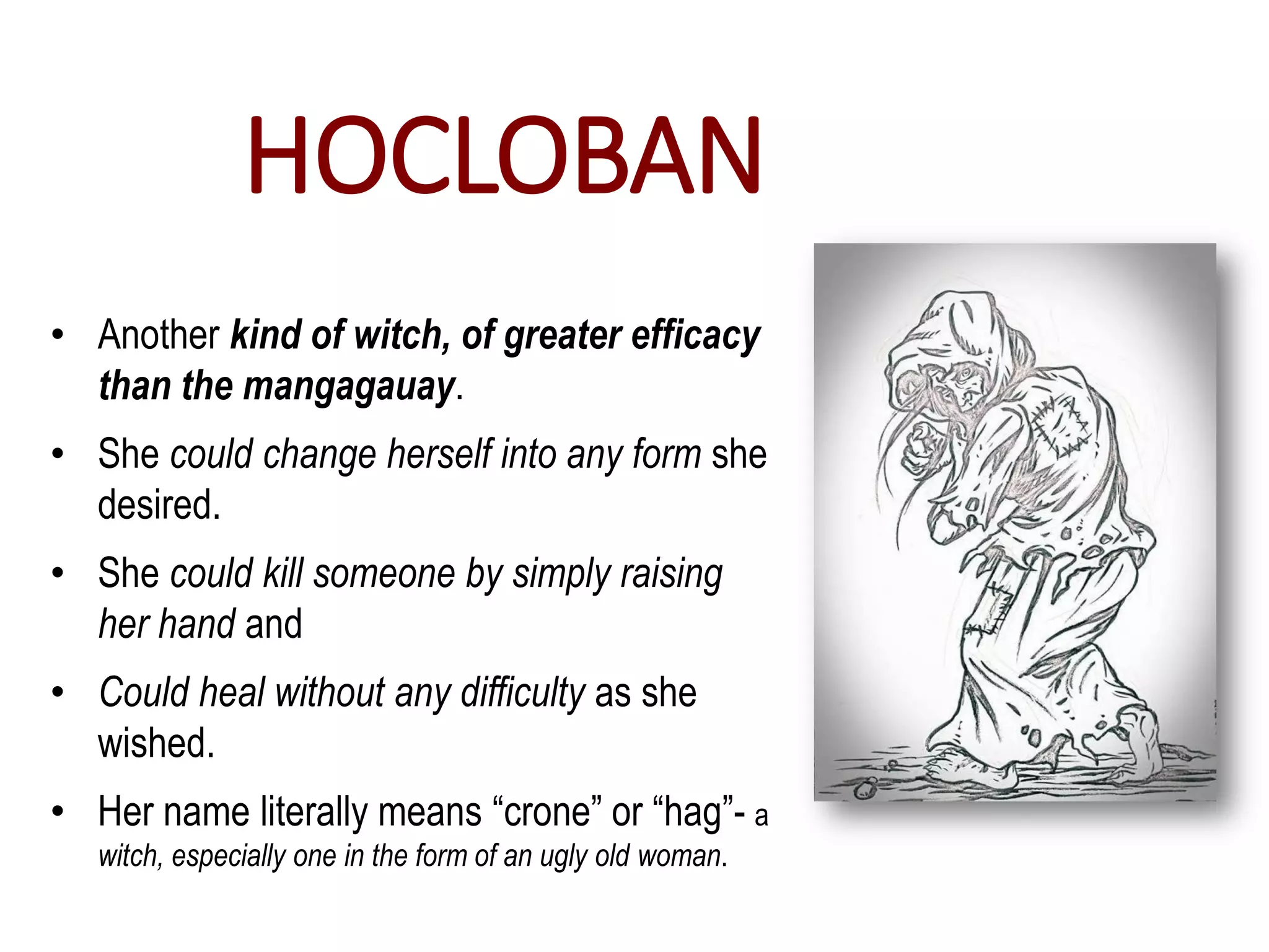 HOCLOBAN
• Another kind of witch, of greater efficacy
than the mangagauay.
• She could change herself into any form she
desired.
• She could kill someone by simply raising
her hand and
• Could heal without any difficulty as she
wished.
• Her name literally means “crone” or “hag”- a
witch, especially one in the form of an ugly old woman.
 