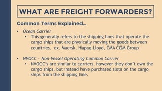 QUESTIONS TO ASK YOUR FORWARDER
Freight Forwarders Are…
• Do they offer the services you require?
• How will they manage y...