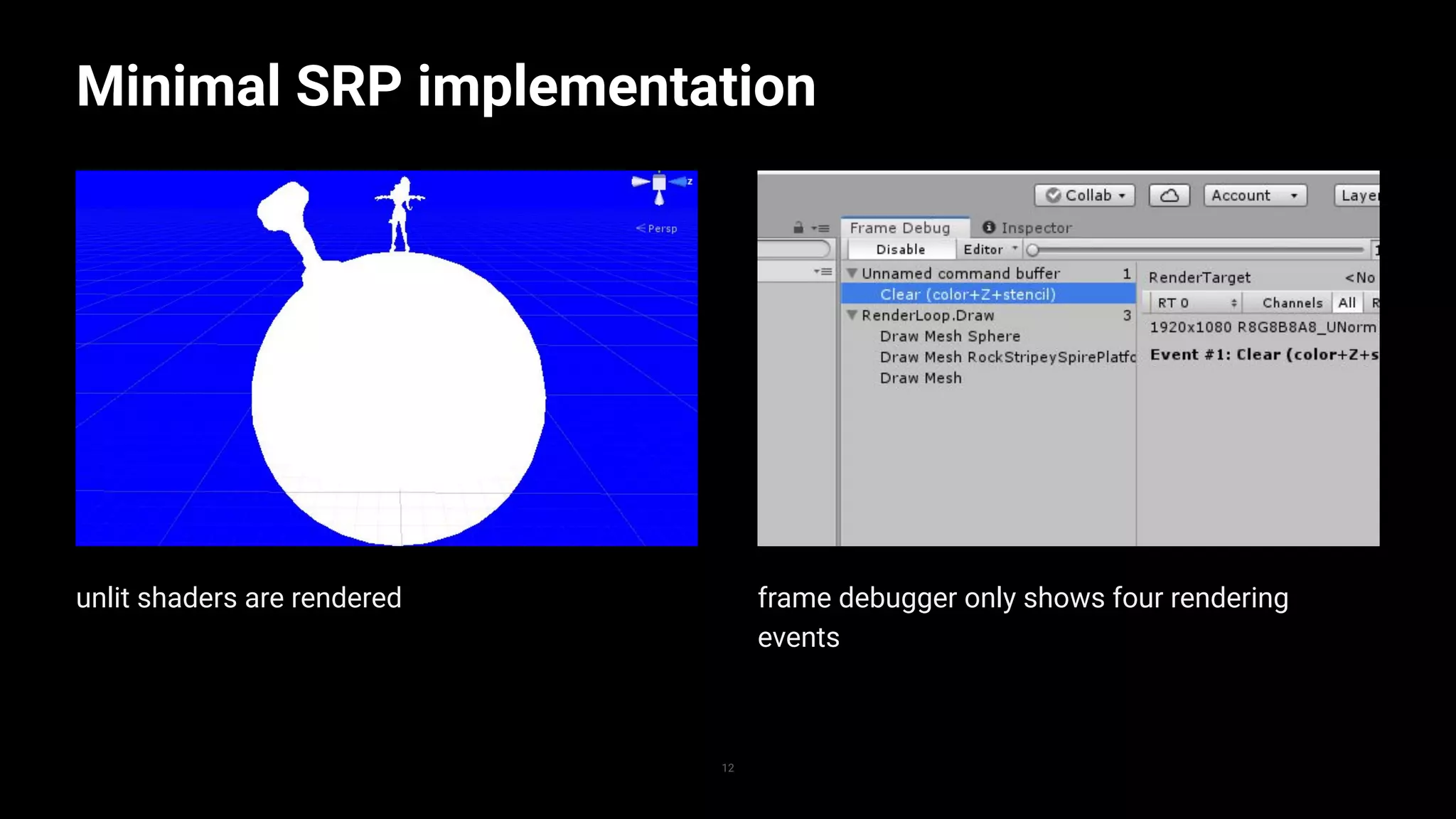 unlit shaders are rendered
Minimal SRP implementation
12
frame debugger only shows four rendering
events
 