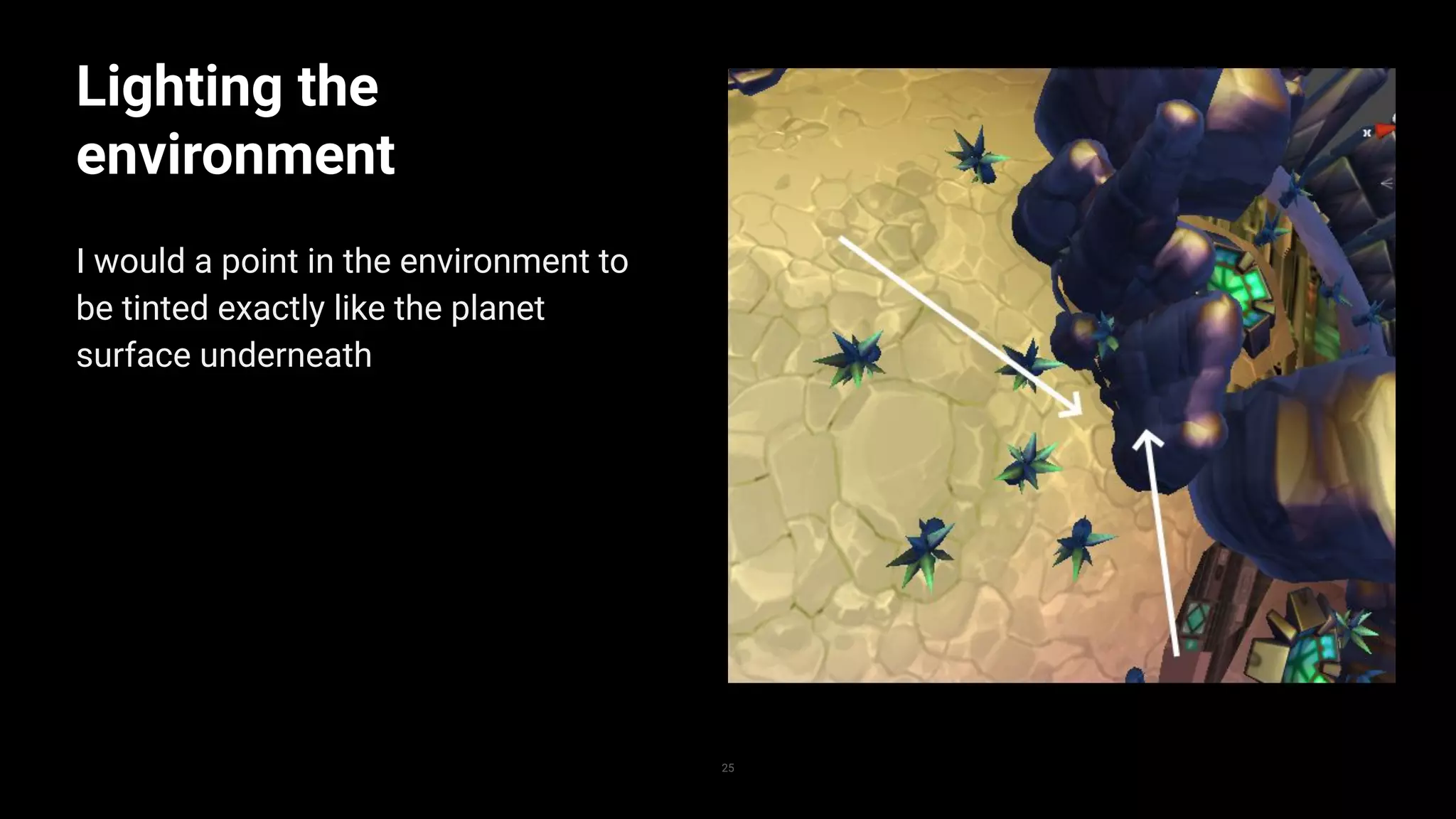 Lighting the
environment
I would a point in the environment to
be tinted exactly like the planet
surface underneath
25
 