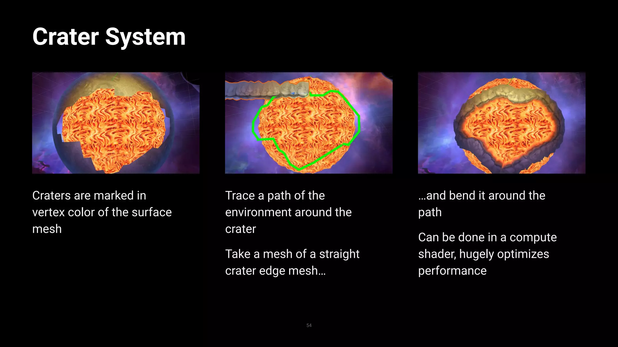 …and bend it around the
path
Can be done in a compute
shader, hugely optimizes
performance
Trace a path of the
environment around the
crater
Take a mesh of a straight
crater edge mesh…
Craters are marked in
vertex color of the surface
mesh
Crater System
54
Replace with image
 