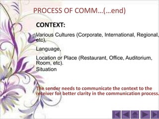 PROCESS OF COMM…(…end)
CONTEXT:
Various Cultures (Corporate, International, Regional,
etc),
Language,
Location or Place (Restaurant, Office, Auditorium,
Room, etc).
Situation


The sender needs to communicate the context to the
receiver for better clarity in the communication process.
 