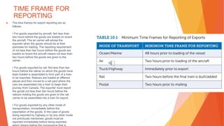 TIME FRAME FOR
REPORTING
▶ The time frames for export reporting are as
follows :
• For goods exported by aircraft. Not less than
two hours before the goods are loaded on board
the aircraft. The air carrier will advise the
exporter when the goods should be at their
premises for loading. The reporting requirement
of not less than two hours before the goods are
loaded on board the aircraft means not less than
two hours before the goods are given to the
carrier.
• For goods exported by rail. Not less than two
hours before the railcar on which the goods have
been loaded is assembled to form part of a train
to be exported. Railcars are loaded at different
places and then moved to a rail yard where the
cars are assembled into a train to begin their
journey from Canada. The exporter must report
the goods not less than two hours before the
railcars holding the goods are given to the rail
carrier to be assembled into a train for export.
• For goods exported by any other mode of
transportation. Immediately before the
exportation of the goods. In the case of goods
being exported by highway or by any other mode
not previously mentioned, goods must be
reported immediately before being exported,
 